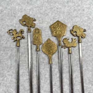 Vintage Turkish Brass Shish Kebab Skewers Set of 7 Figural Handles BBQ Grill